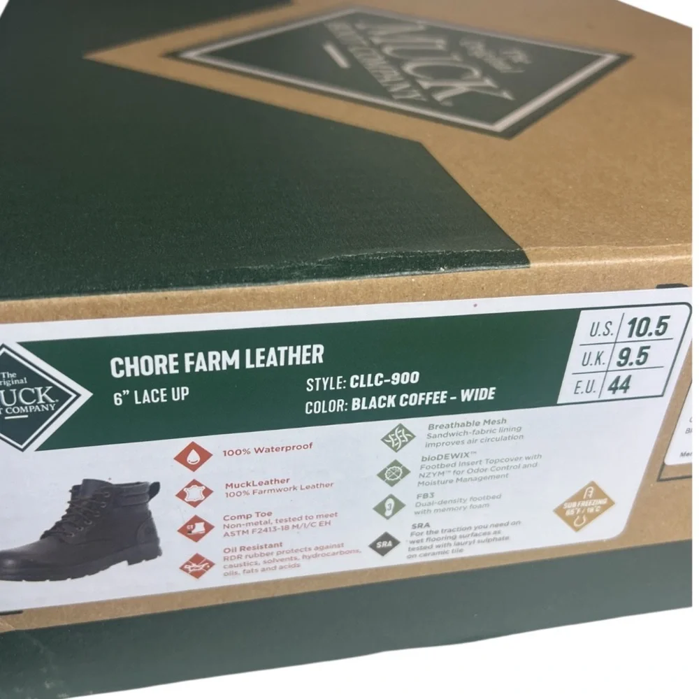 Muck Boot Chore Farm Leather Comp Toe 6” Lace Up Chelsea Boot Waterproof Black